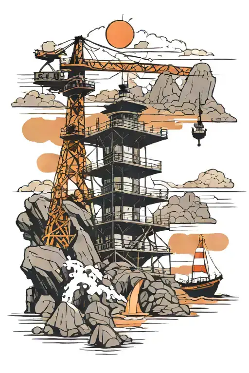 a tower crane builds a lighthouse on the seashore surrounded by rocks, jazz plays, a microphone from the 70s is visible tattoo design idea