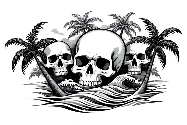 skulls and palm trees and waves tattoo design idea