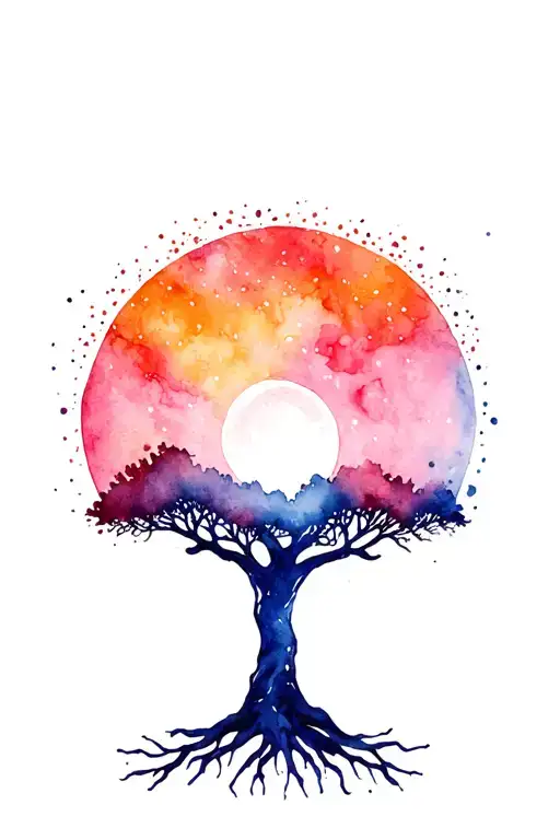 tree of life with universe behind it on abdomen tattoo design idea