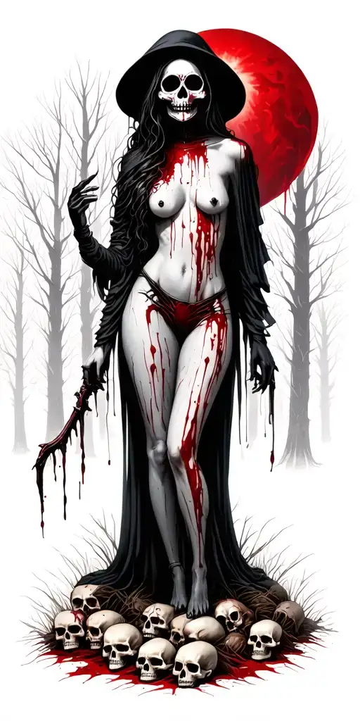 topless female grim reaper full body with a sugar skull painted face standing on a pile of bloody skulls in the woods tattoo design idea