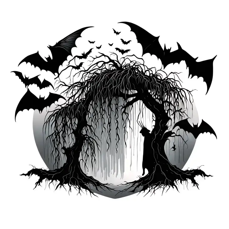 weeping willow and bats swarming tattoo design idea