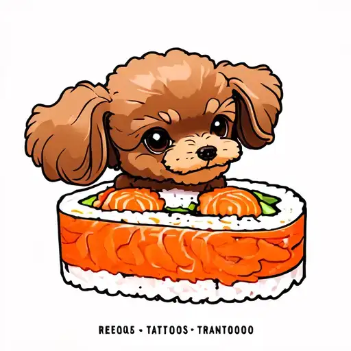 toy poodle dog on a sushi roll tattoo design idea