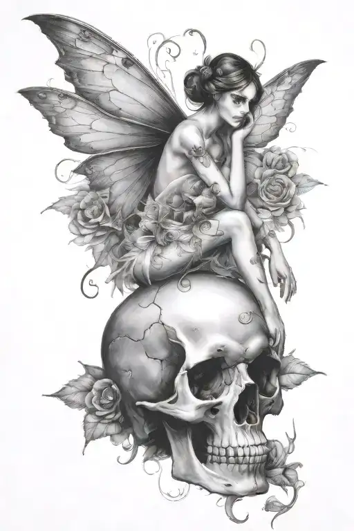 fairy sitting on a skull tattoo design idea
