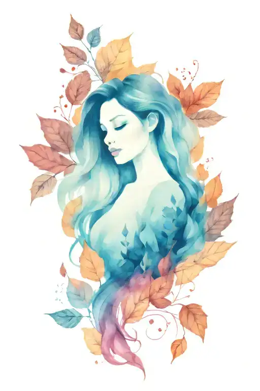 autumn leaves forming the shape of a woman tattoo design idea