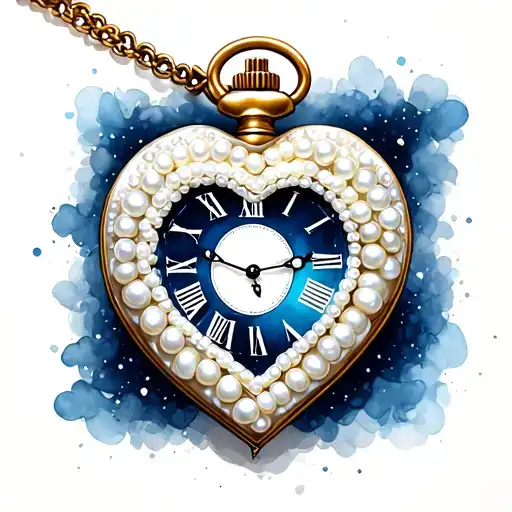 A heart-shaped pocket watch with a white pearl border, pointing to midnight. tattoo design idea