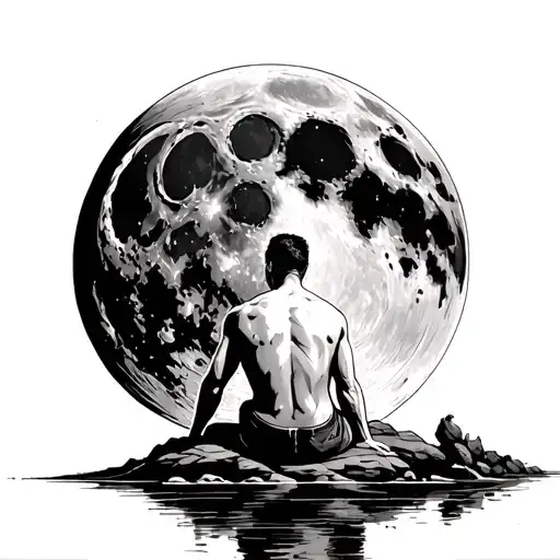 sad man sitting on a rock in front of a huge detailed moon dark evil mysterious moon man exposing his back facing moon  tattoo design idea