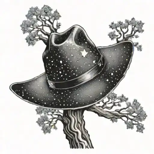A starry night sky with a cowboy hat hanging on a tree branch tattoo design idea
