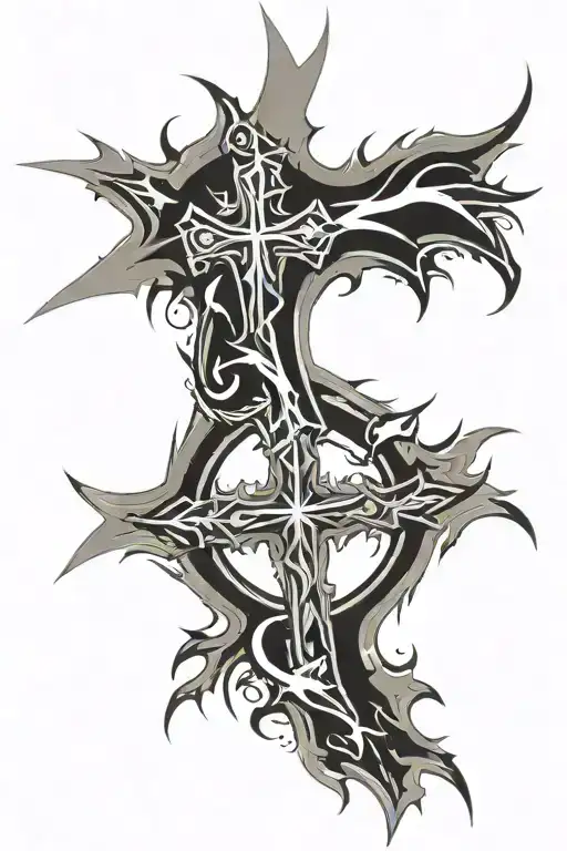 tribal cross tattoo featuring curved line bending fire and lightning tattoo design idea