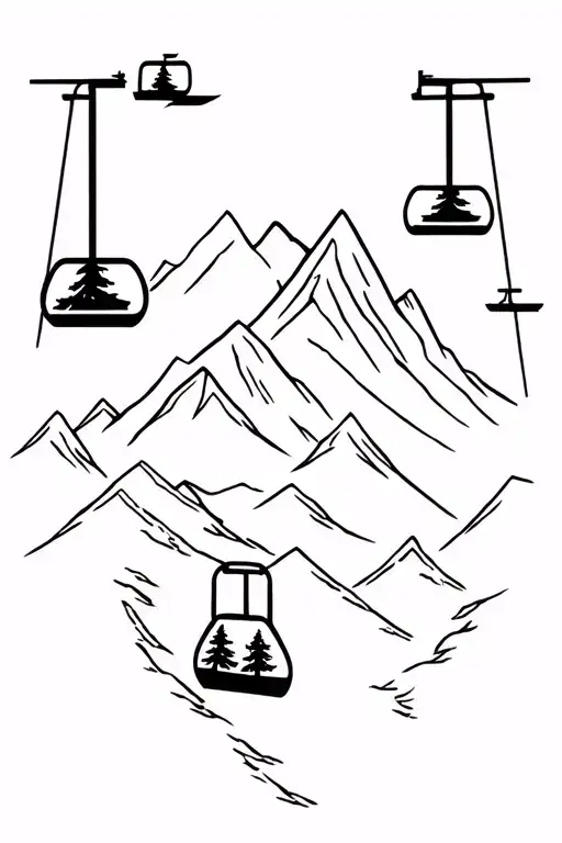 ski lift going horizontal, mountain range in background with evergreen trees tattoo design idea