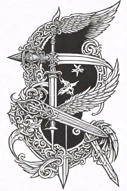Sword and angel wing and devil wing attached tattoo design idea