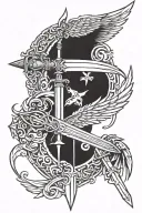 Sword and angel wing and devil wing attached tattoo design idea
