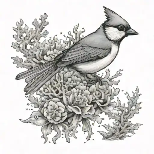 A serene underwater scene with colorful coral reefs and a titmouse swimming gracefully among the marine life, showcasing the beauty of the ocean tattoo design idea