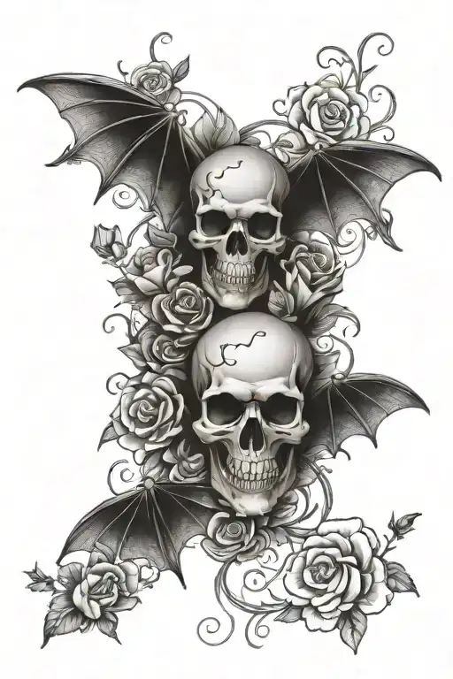 flowers and skulls and bats tattoo design idea