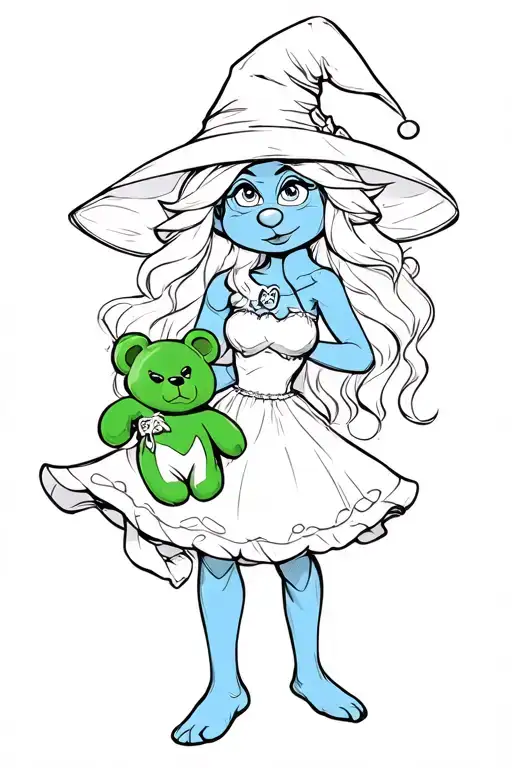 smurfette witch holding a evil green teddy bear in her hand  tattoo design idea