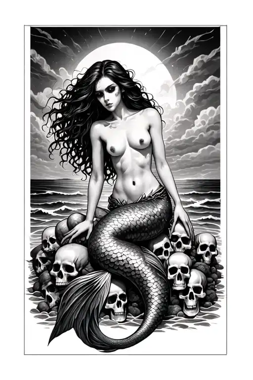 evil mermaid with mermaid tail instead of legs topless leaning on a pile of skulls with ocean background  tattoo design idea
