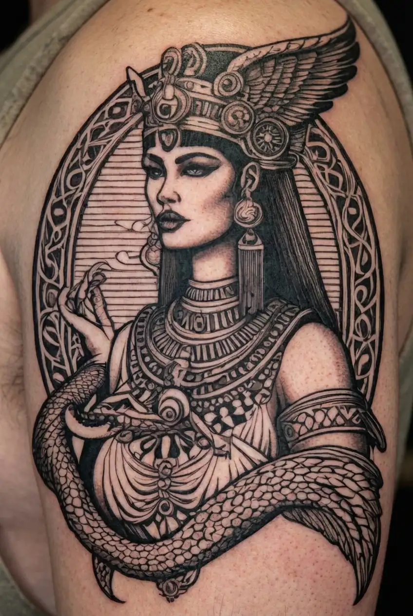 beautiful Cleopatra VII with her Ancient Egyptian Crown of Cleopatra and snake  tattoo design idea