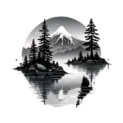 landscape trees mountain water darken everything tattoo design idea