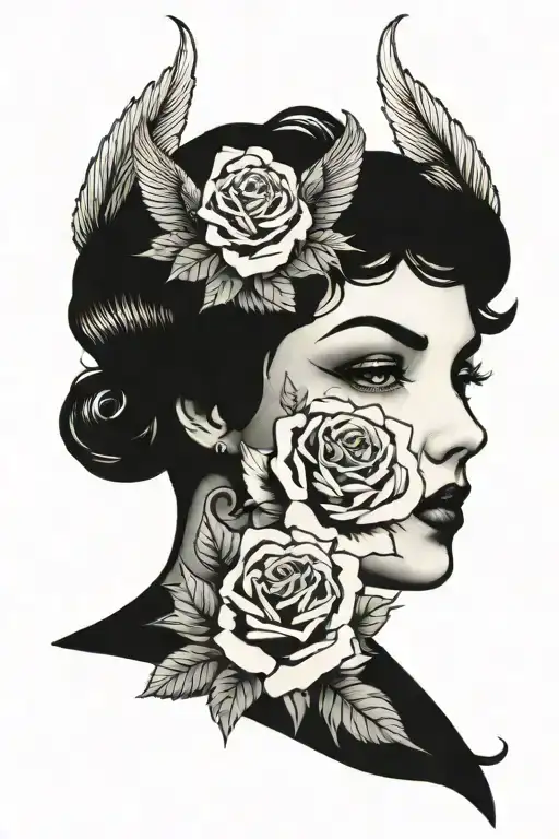 lady head with wings and roses tattoo design idea