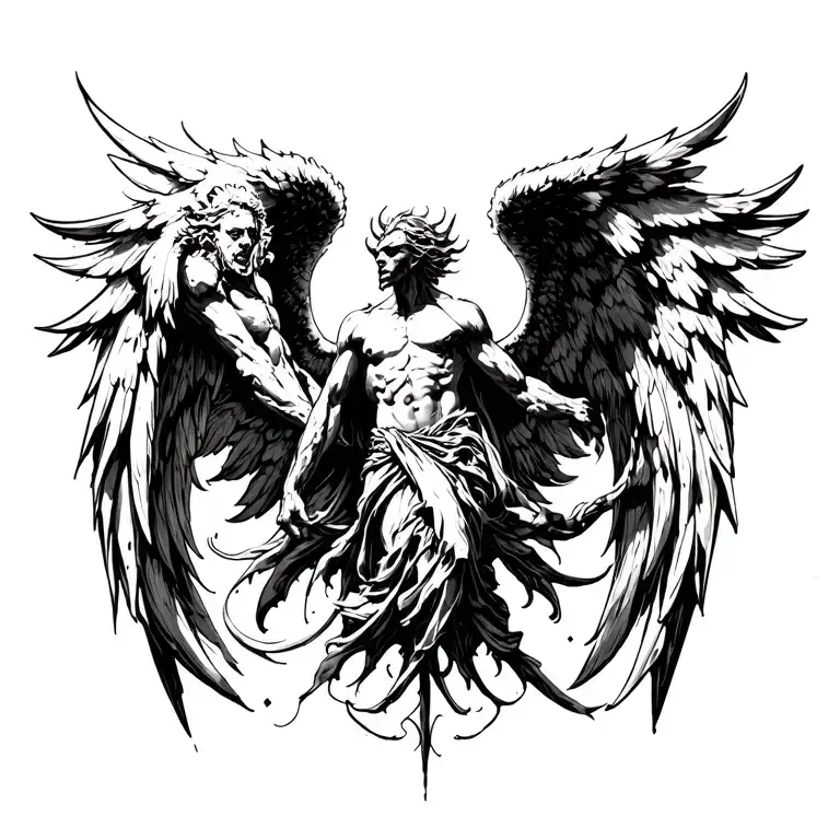 angel converting to evil, highly detailed, side view tattoo design idea