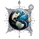 Planet Earth with zodiac sign Aquarius and Libra combined and framed with the style of a mandala tattoo design idea