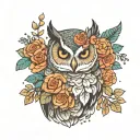 owl, rose and mimosa flowers tattoo design idea