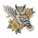 owl, rose and mimosa flowers tattoo design idea