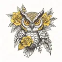 owl, rose and mimosa flowers tattoo design idea
