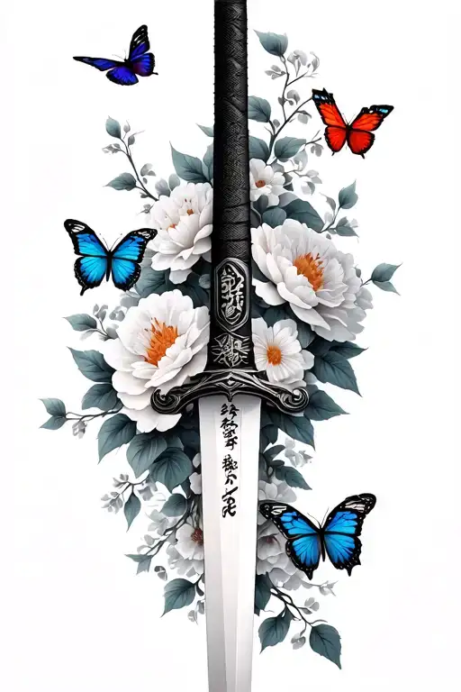 A black and white katana surrounded with a vine of flowers.with 4 different color butterflies landing on the flowers and tattoo design idea