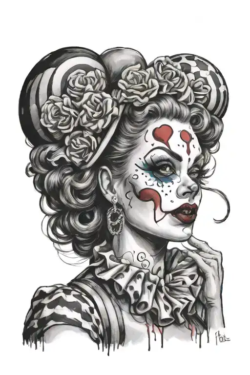 A pin-up girl artist painting a colorful mural of clowns on a black and grey canvas tattoo design idea