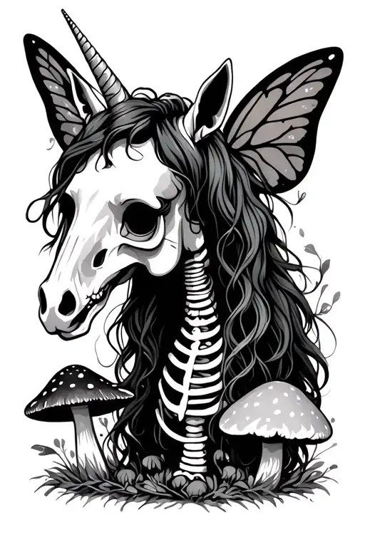 unicorn with no hair skeleton with mushroom fairy type background tattoo design idea