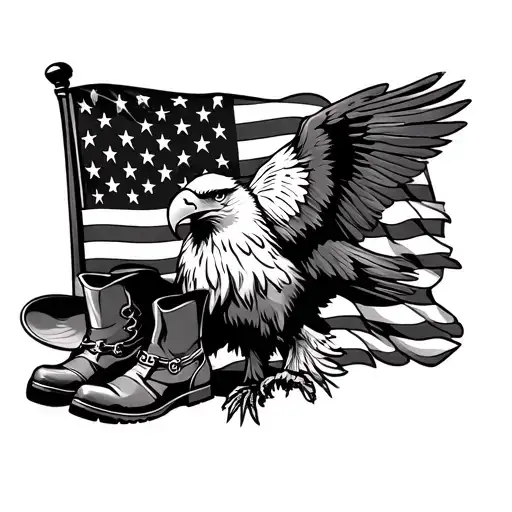 A American flag, a cowboy hat and boots, Bald eagle, type 1 diabetes symbol,  tattoo design idea