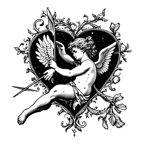 cupid shooting arrow surrounded by hearth tattoo design idea