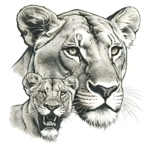 lioness face with 2 cubs face only tattoo design idea