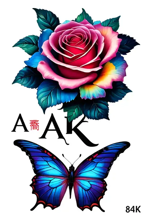 two butterfly flying, letter A, letter K, chinese soul mete, one rose tattoo design idea