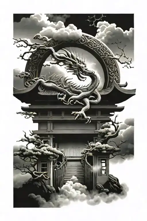 japanese gate with japanese clouds surrounding with dragon in background tattoo design idea