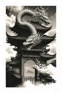 japanese gate with japanese clouds surrounding with dragon in background tattoo design idea