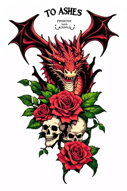 Rising dragon, with roses that has skulls, and a phrase that says "TO ASHES" in gothic font type tattoo design idea
