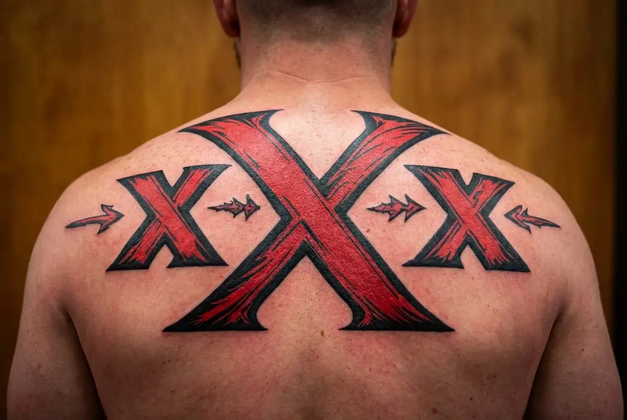 "xxx" "xxx" "xxx" text in a horizontal line with center X big, and other 2 xs small. Give it one x's ends a devil tail, demon  tattoo design idea
