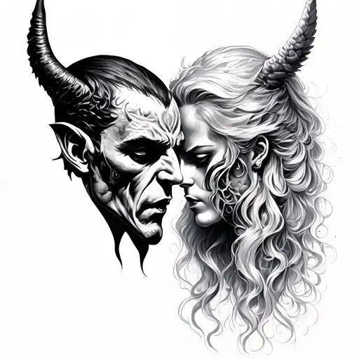good and bad face pulling away from each other, devil and angel tattoo design idea