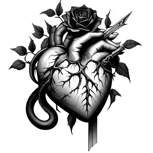 realistic human heart ensnared by black rose with thorns both pierced by a dagger. black mamba grasping all of it tattoo design idea