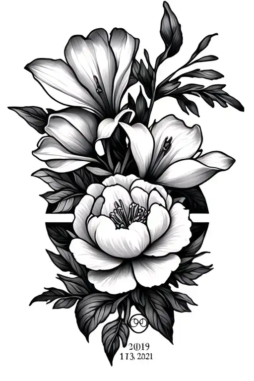 "Ocean and mountain" flowers as the center- cala lily, magnolia, honeysuckle, peony-Olympics rings, Roman numerals (6/19/2019 and 11/3/2021.  tattoo design idea