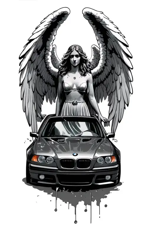 angel thats saved me from dieing in car crash in bmw e46 tattoo design idea
