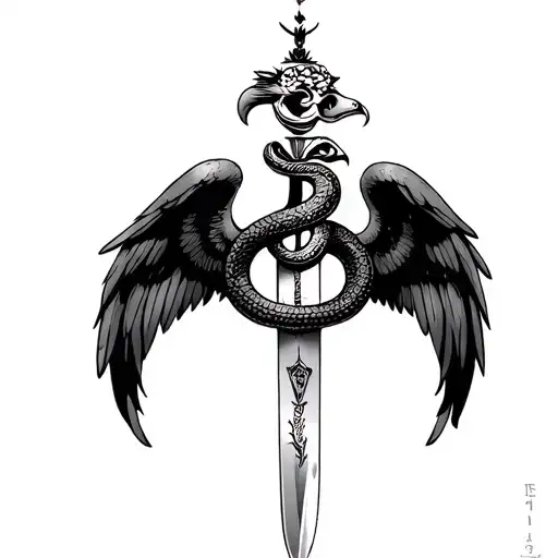 trishool, om, snake, khanda, eagle wings and sword tattoo design idea