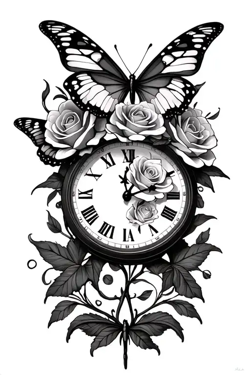 Birth Clock roses butterflies tattoo design idea