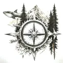 compass, arrow, mountains, trees tattoo design idea