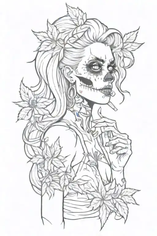 pin up girl skull zombie smoking weed leaf tattoo design idea