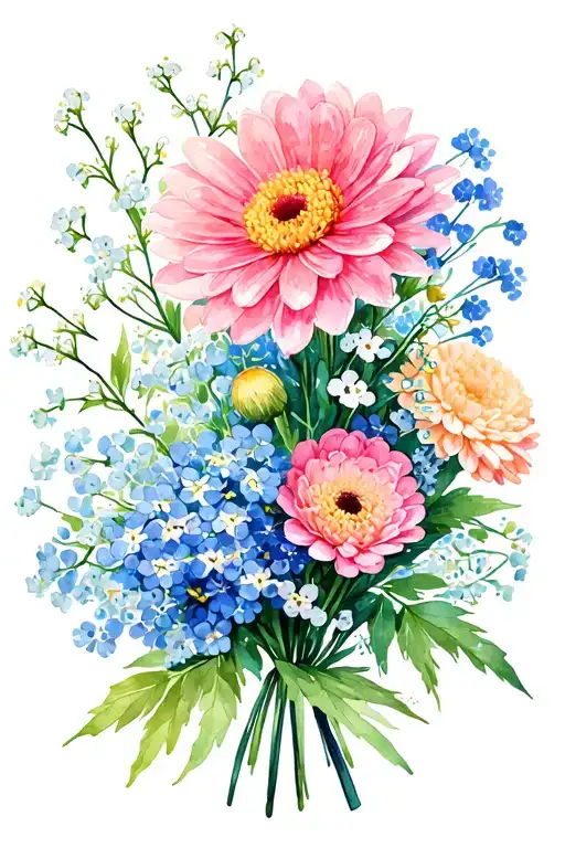 bouquet of flowers with alyssum, Baby breath, and chrysanthemum tattoo design idea