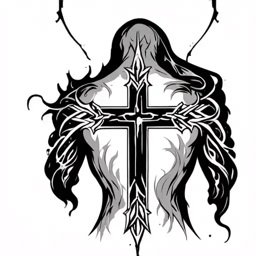 cyber sigilism back tattoo with a cross tattoo design idea