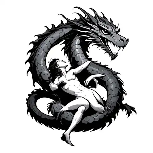 A tattoo of a fierce dragon coiled around a submissive figure, representing the dominance and submission dynamic in BDSM tattoo design idea