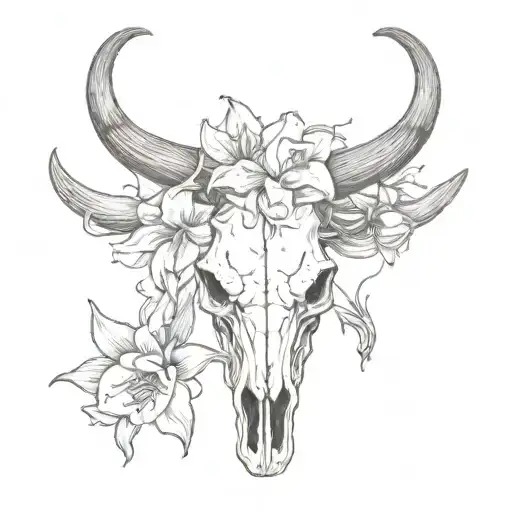 long horn bull skull with lily flowers blooming out of the skull tattoo design idea